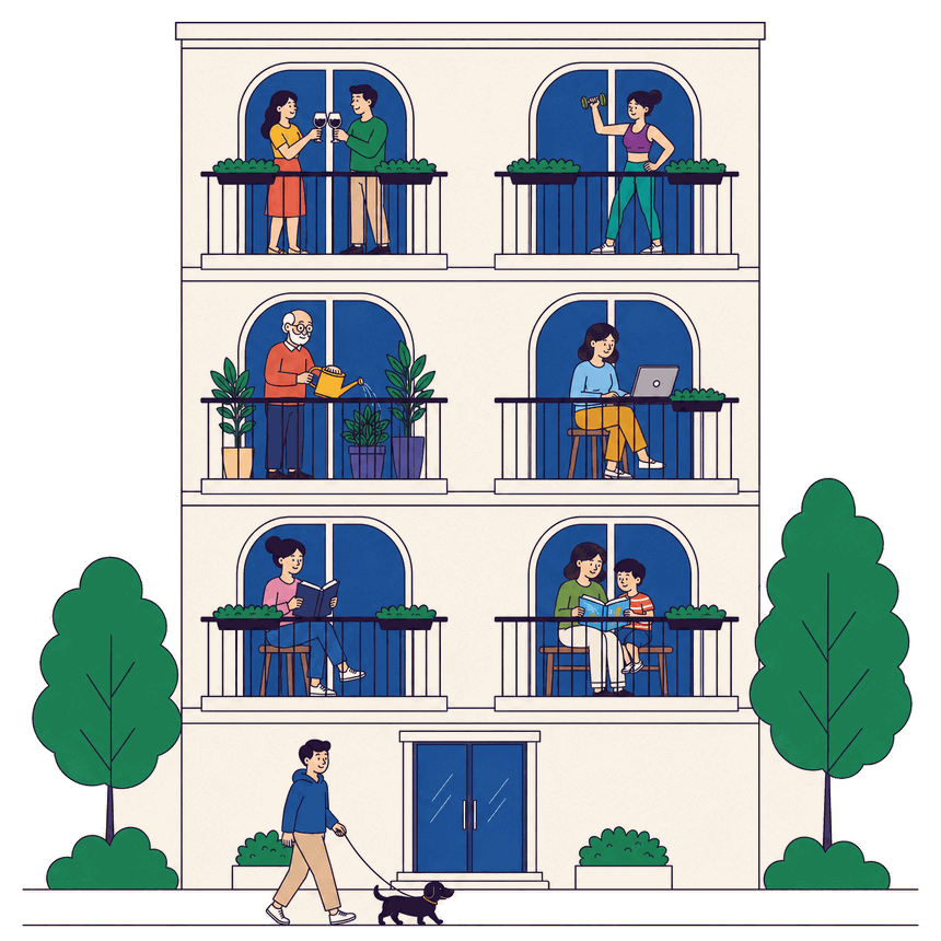 Ilustração de um prédio residencial com moradores nas varandas